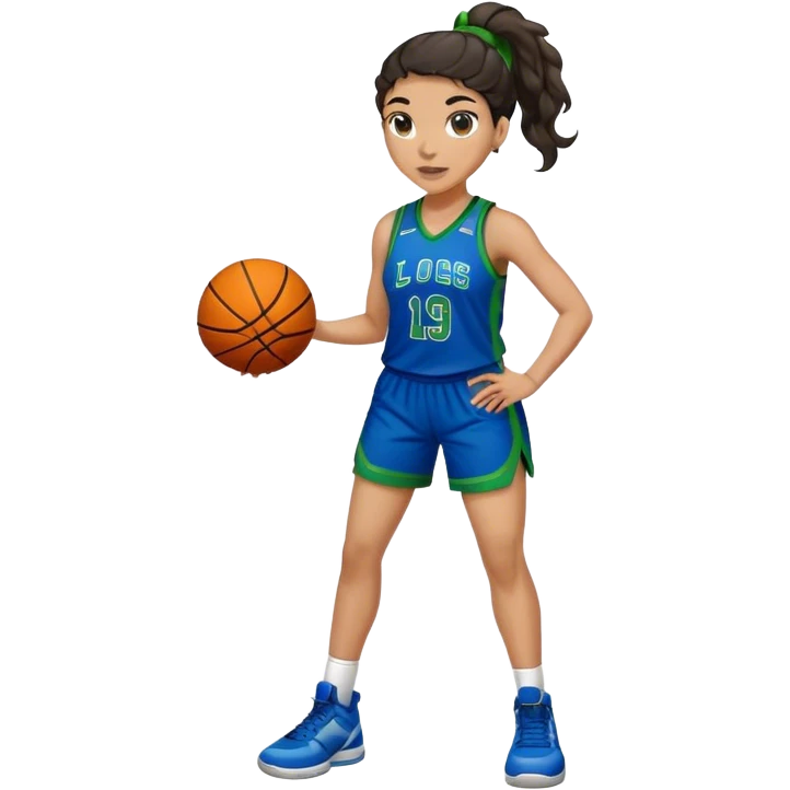 full body plus size light skin latino women basketball player with wavy dark hair in pony tail wide nose wearing blue uniform with green accent emoji