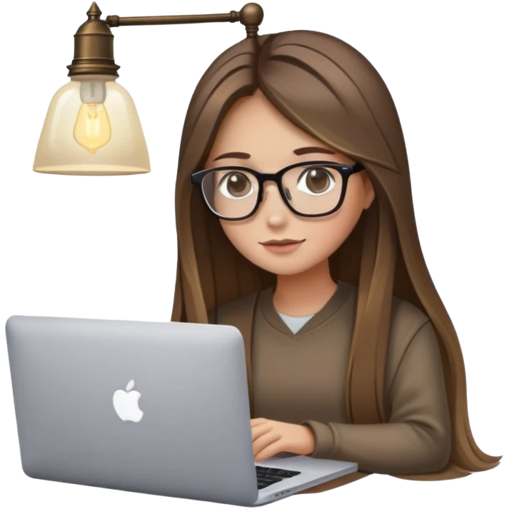 brown balayage straight long hair girl with MacBook with glasses with a lamp over her head  emoji