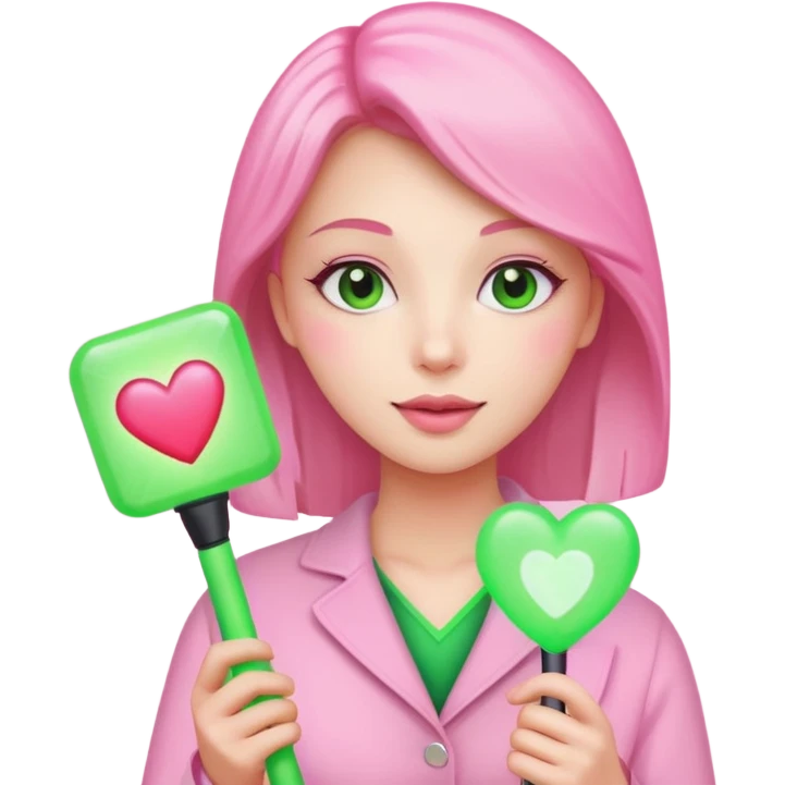 A lovely woman in pink with a square green light stick and with heart emoji