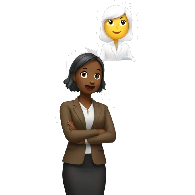 A young woman doing presentation besides a big screen emoji