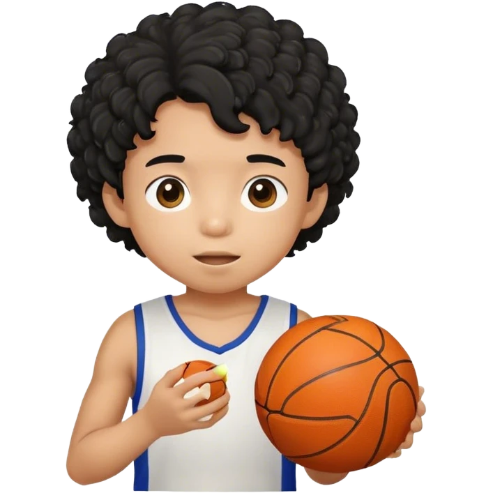 a young asian boy with curly hair rice and a basketball emoji