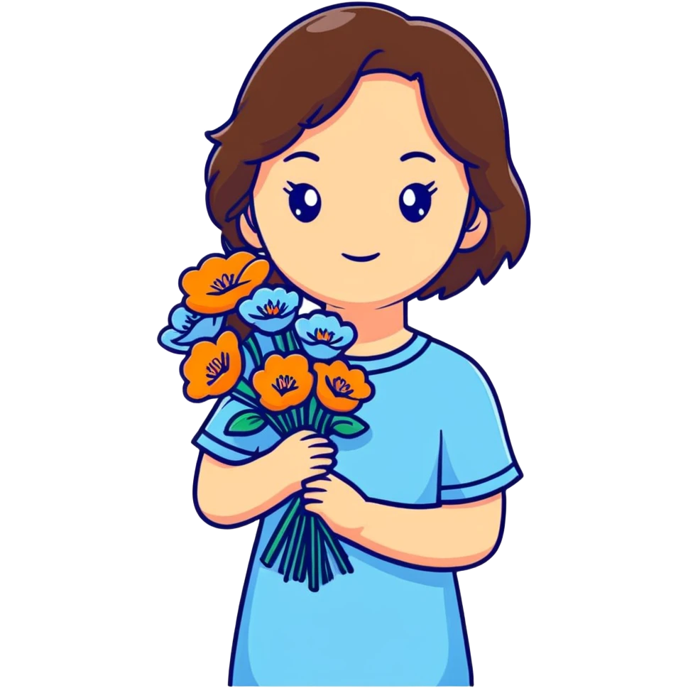 brunette girl with brown hair wearing pastel blue clothes holding flowers emoji