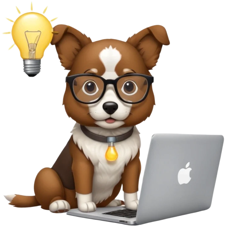 Like a cartoon (make it an intelligent dog with glasses) working with a computer (macbook, showing the apple logo) thinking and a light bulb above his head while he thinks emoji