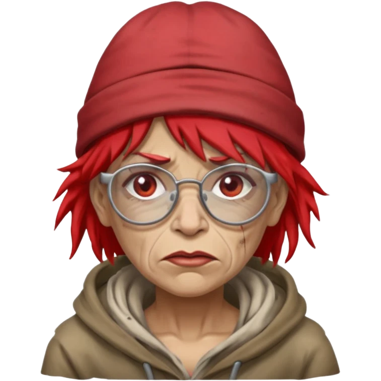very dirty looking homeless woman with ripped red hat with ugly hair and broken glassess emoji