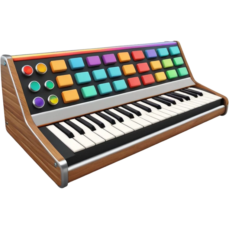 3D render of Synthesizer, vintage 1980s audio equipment aesthetic, tactile analog buttons, black matte keys with colorful rainbow slider knobs, mixed wood grain and brushed aluminum textures, Apple emoji style, isolated on white background --v 6.0 emoji