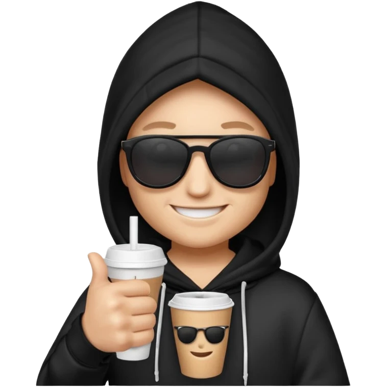 emoji di Gesù con felpa nera, sulla felpa in bianco scrivi "SKUIRTER" con occhiali da sole un pollice in su e in una mano un bicchiere di carta
 emoji