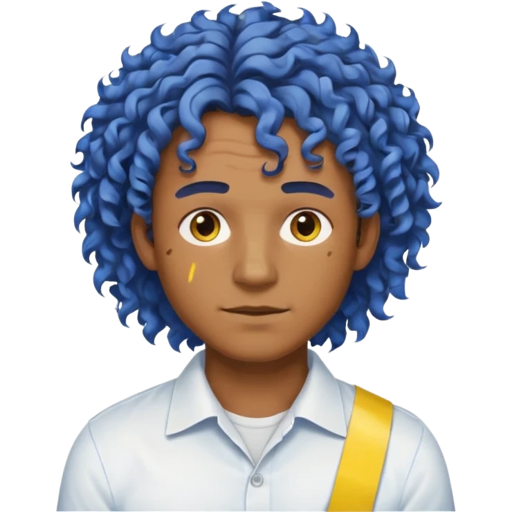 Make me an emoji that has a guy with a white shirt and yellow tape around the shirt with brown and blue spots hair make the hair curly make the yellow tape go around it emoji