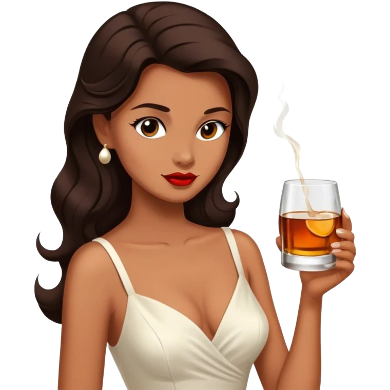 Beautiful woman in 1950’s woman fashion look, white dress, long dark brown hair, whisky emoji