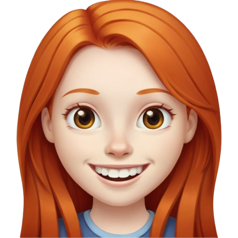 traditional emoji of young girl with very pale skin, long straight bright ginger red hair, regular human eyes (not cat-like), wide nose, big smile with extremely large prominent teeth showing, classic round face emoji