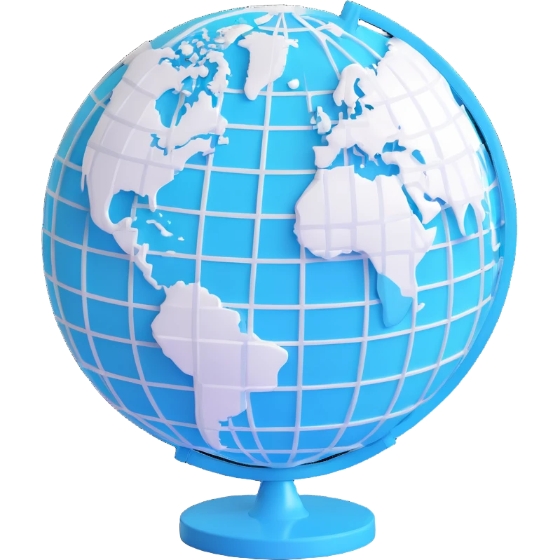 3D cyan globe icon with white land, modern style, with grid lines emoji
