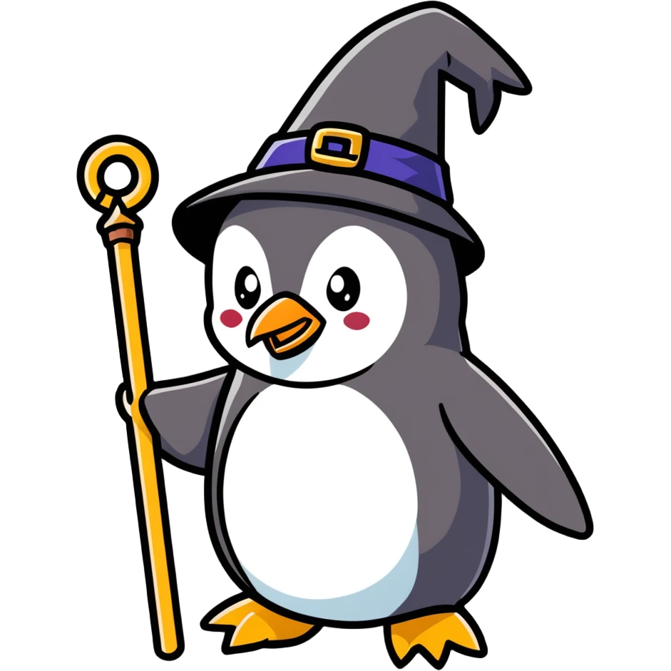 penguin wizard, magical, holding a staff, wearing a wizard hat emoji
