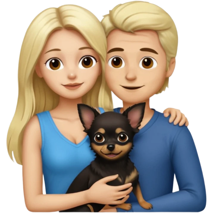 Hombre con pelo largo rubio chica de pelo castaño oscuro  y chihuahua negro amor emoji