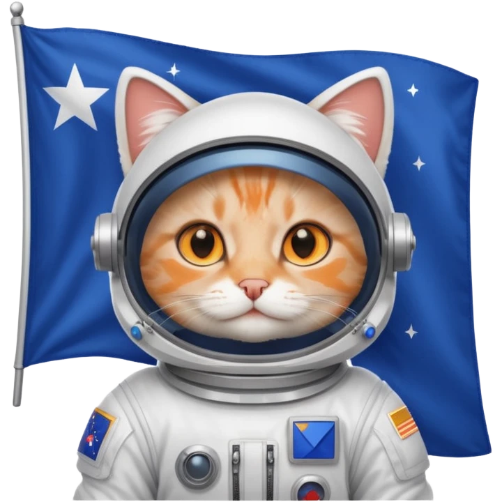 a cat in space suit, holding blue rectangle flag emoji