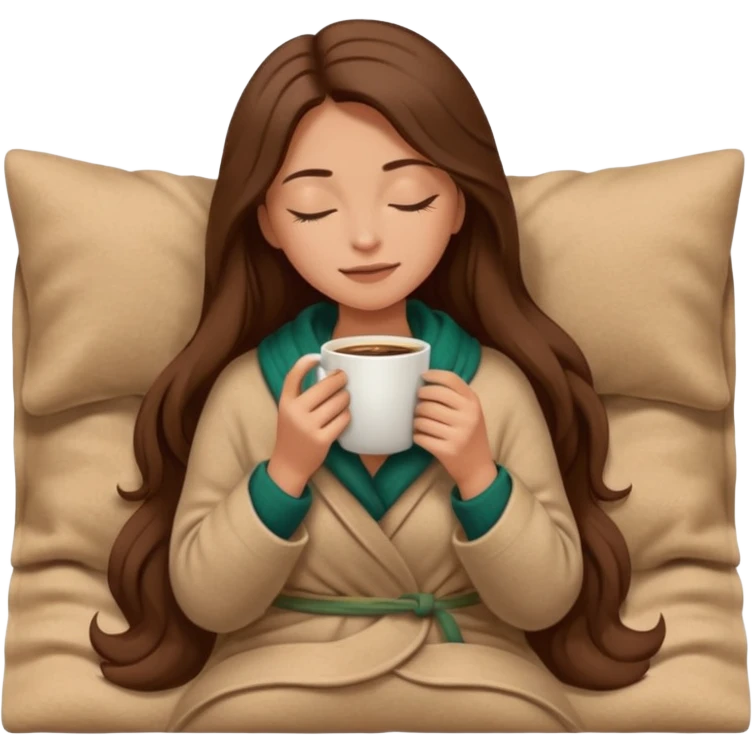 long brown hair woman closed eyes covered with cozy wool beige blanket, holding cup of coffee, autumn mood emoji