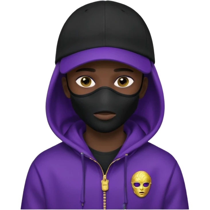 no visible face cartoon blacked character related to a shadow, with all black clothes, focusing a hoodie with his cap on, and a versace face mask covering his entire face, just his purple shadow eyes making a light bloom emoji