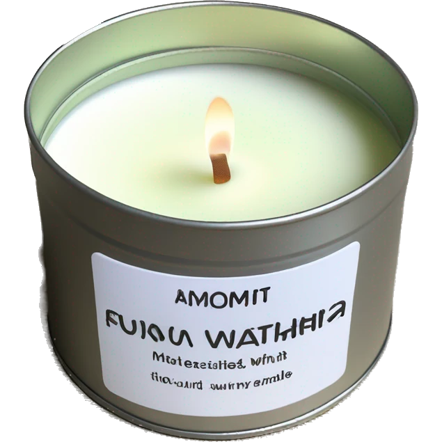 realistic, lit matcha scented candle, silver tin, small plain white label with black text emoji