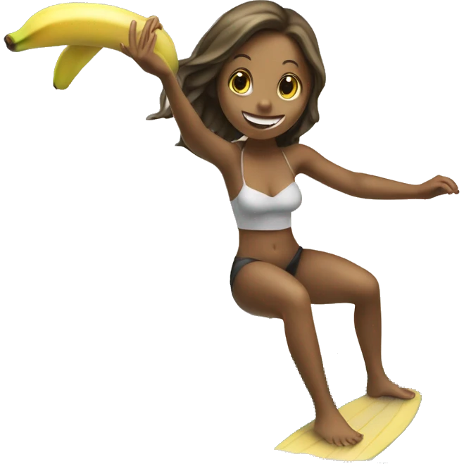 A girl surfing on dolphin eating banana emoji