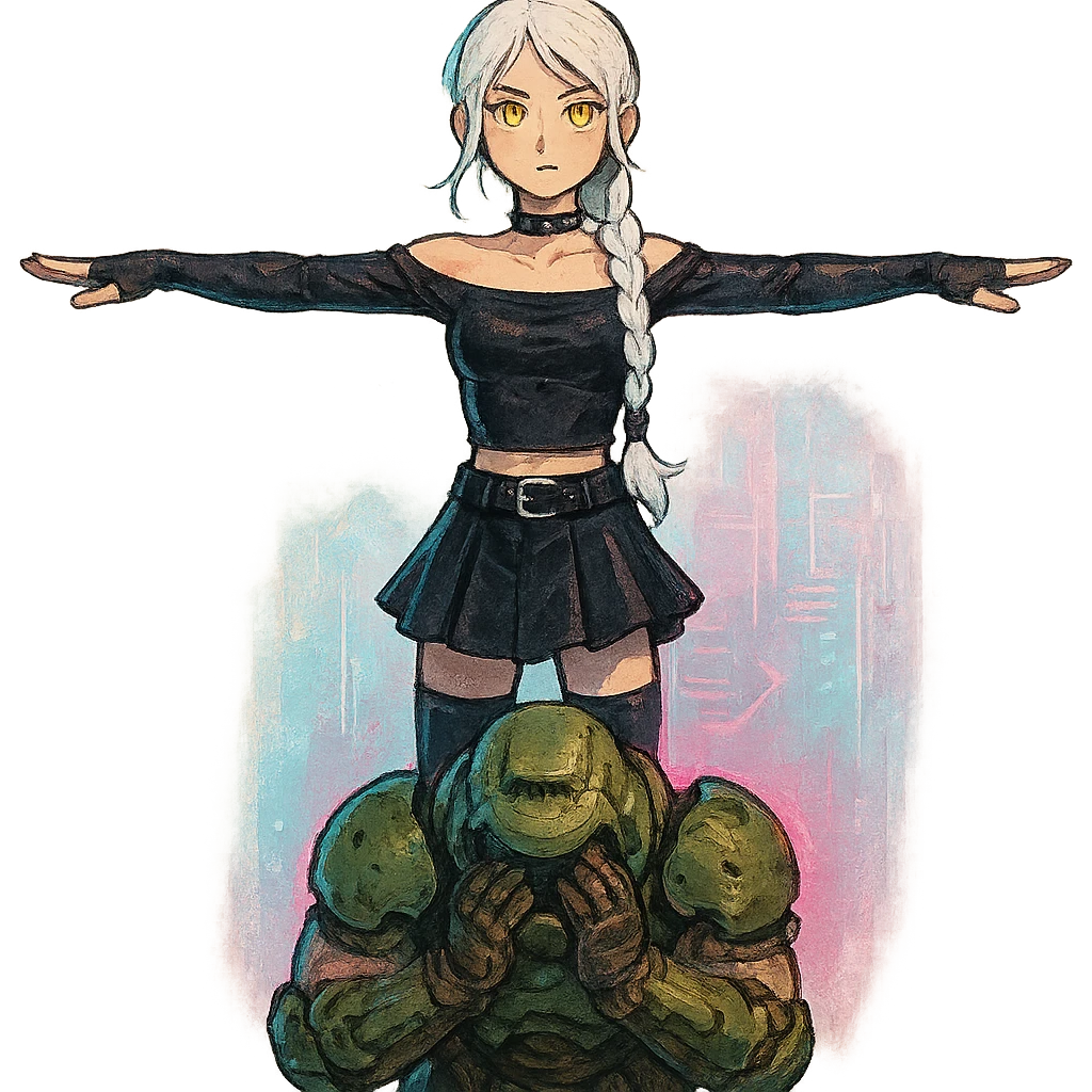  young woman with gold yellow eyes, white hair, long braid, black off-shoulder top, punk gothic style, futuristic cyberwave cyberpunk,, she is calmly t-posing above a cowering doomguy emoji