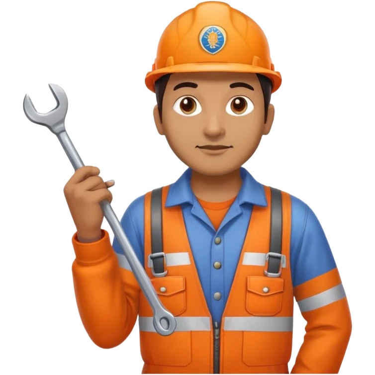 Indian male railway engineer orange overalls, boots holding a spanner emoji