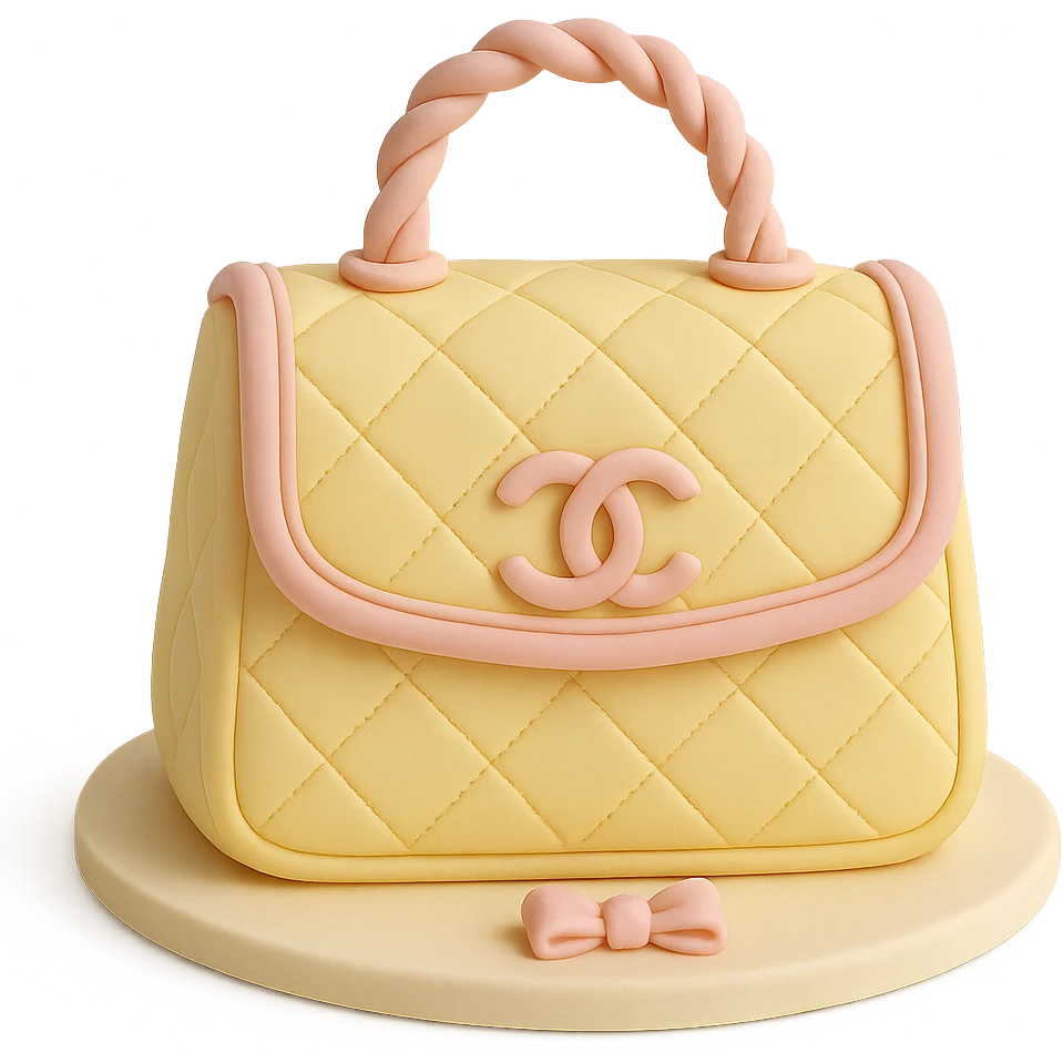 pastel yellow Chanel handbag cake with soft pink accents, luxury birthday style, fondant cake art style emoji