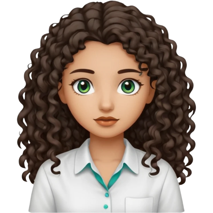 Girl with olive skin, teal eyes, dark brown  loose curly long hair, pretty white shirt emoji