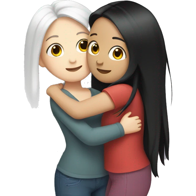 Girls hugging. Both have white skin and long black hair  emoji