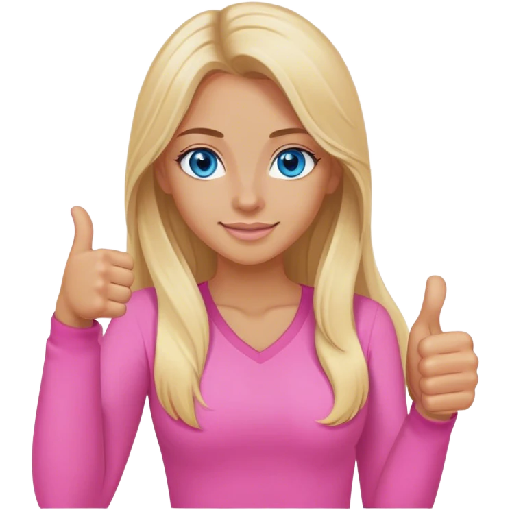 Pretty Blonde with long hair model, blue eyes In pink clothes, thumbs up emoji