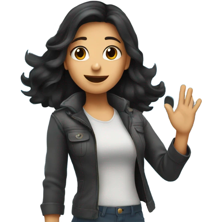 Girl with dark hair waving goodbye in front of a plane emoji