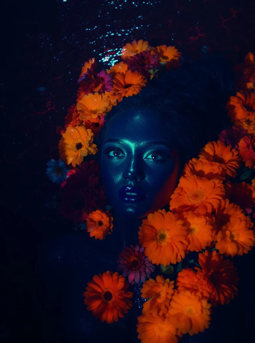 Camera drom top, Motion blur Extreme Closeup photo of a beautifull woman lay around beautifull colorfull flowers in water, cinematic light, 8K, very detailed, sharp, depth (foreground, midground, background) Spotlight, dark environemnt, blue and orange colors emoji