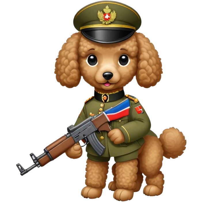 Пудель в Африке. Российская военная форма с нашивкой в виде российского флага, с лапах - автомат АК. emoji