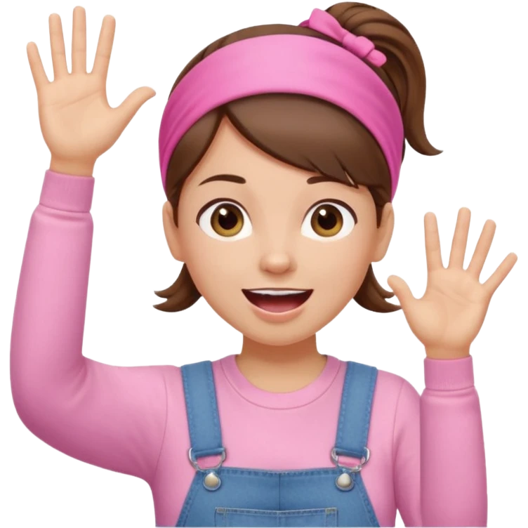 preschool teacher with brown hair pulled up in high ponytail and light pink headband. Has a pink t-shirt with denim overalls. Expression is happy and friendly with mouth wide open. Has one hand up waving hello. emoji