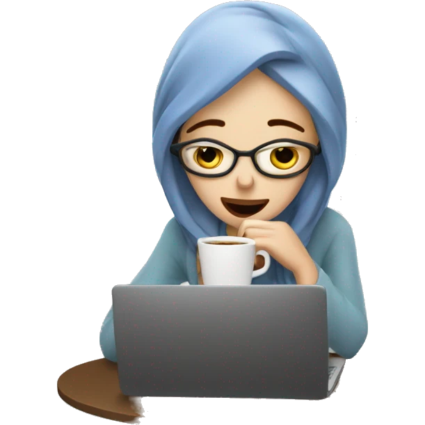 tired french girl with laptop drinking a lot of coffee emoji