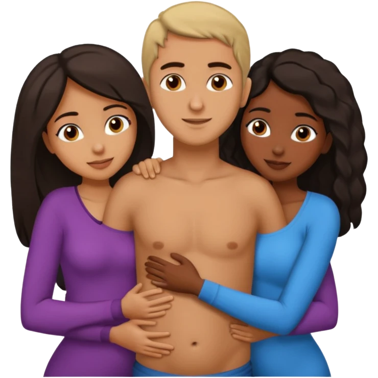 middle Eastern man with two African girlfriends he is 5 inches taller than them. They are rubbing his chest and holding each other breasts and he has his arms wrapped around them around their waist on their butts. emoji