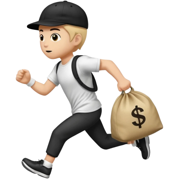 Thief with black cap white t-shirt with black tripes all ower the shirt emoji runing with money bag emoji