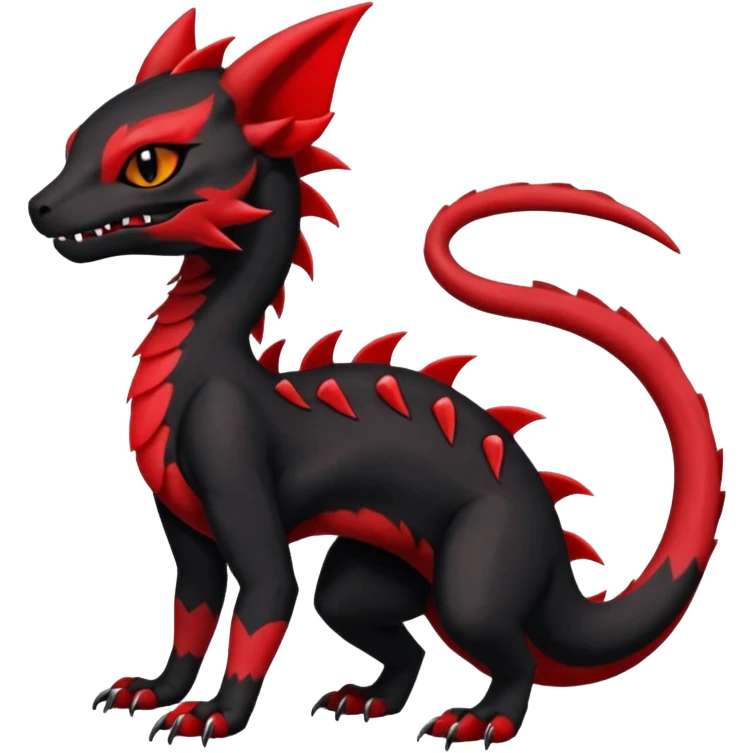 Cherry-Red and Jet-Black Fierce Fiery Mohawked Gothic Salandit-Litten-Torracat-hybrid-creature (full body) emoji