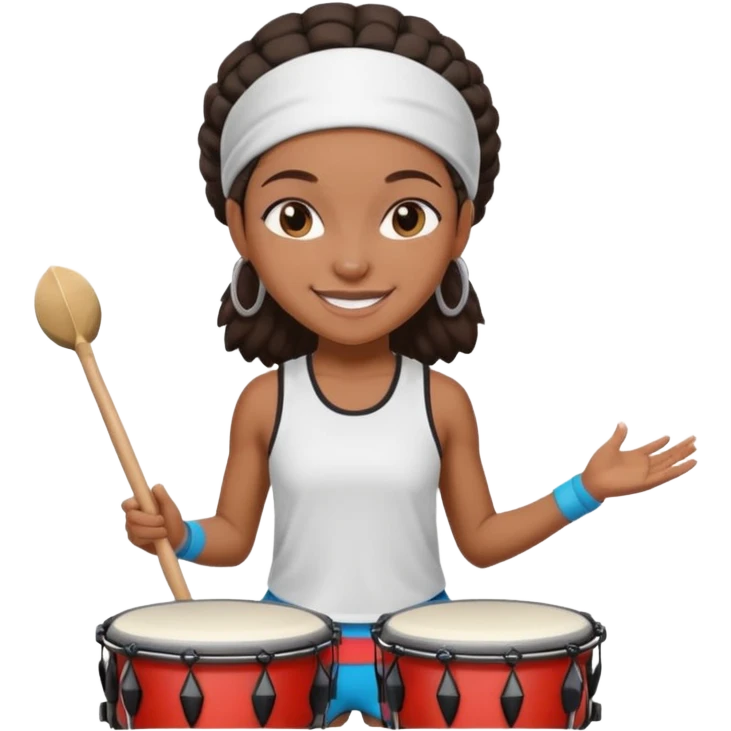 A black girl drummer with a sporty headband and clothes, tapping her drum rhythmically with a grin. emoji