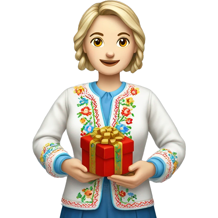 A female teacher in Ukrainian embroidery holds a gift in her hand emoji
