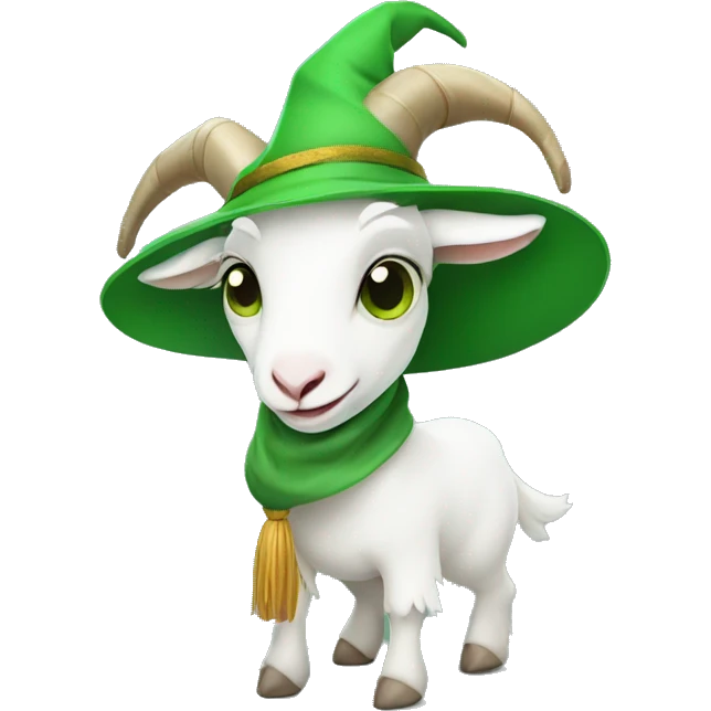 cute white goat with an all green witch hat  emoji