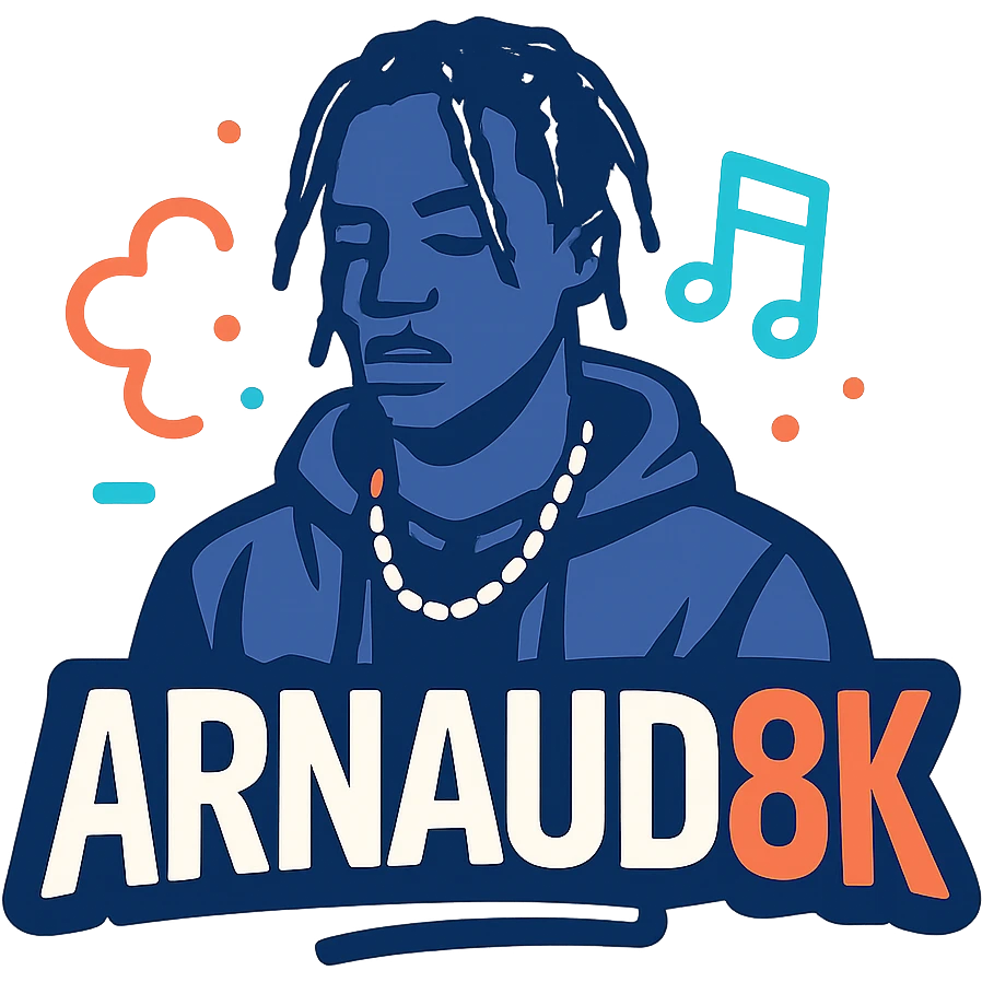 Logo 'Arnaud8K' inspired by urban and musical aesthetics of Travis Scott, young dynamic style, dark colors with neon accents, no video reference emoji