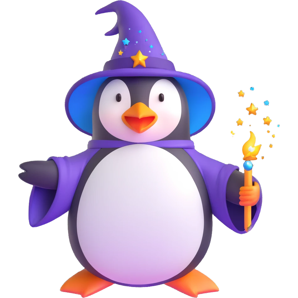 penguin wizard casting a spell with sparkles around emoji