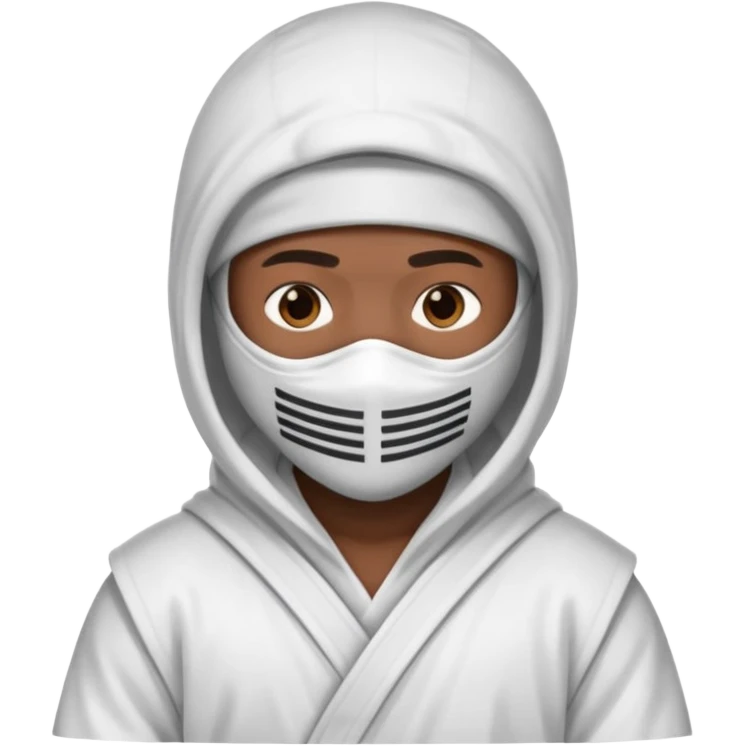 All white ninja robe with no black with white ski mask to cover face and neck with a hoodie on and dark brown skin color emoji