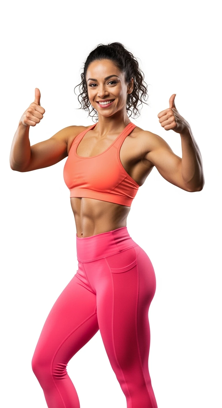 DONNA FITNESS FELICE CON POLLICI ALZATI, IPERREALISTICA 4K, SENZA SFONDO emoji