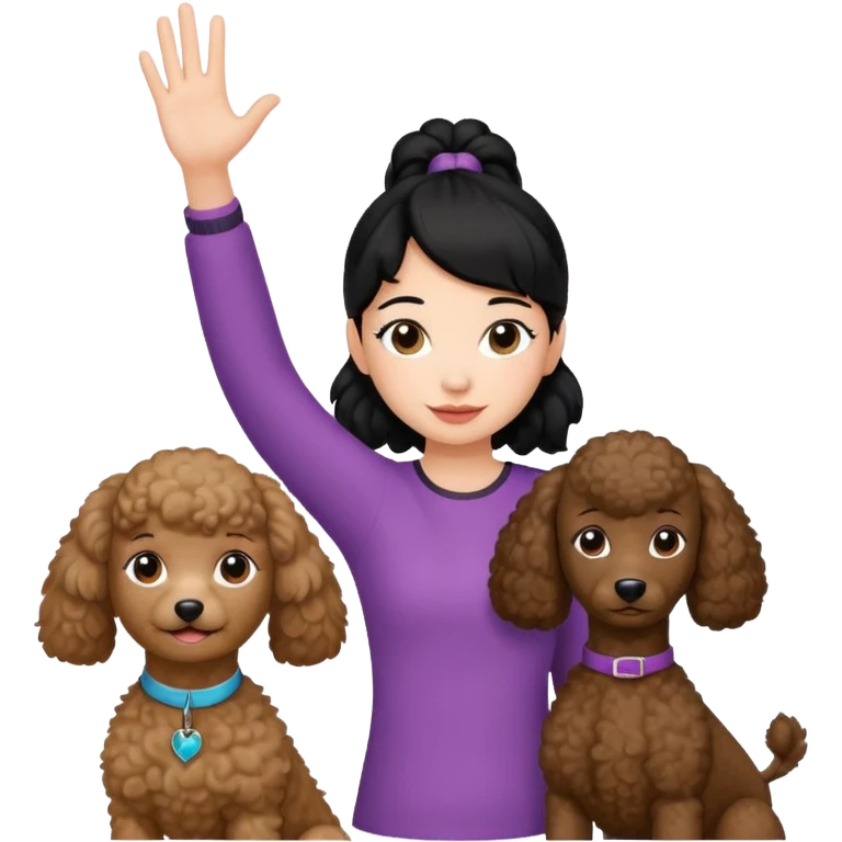 Ponytail black hair girl with brown Poodle say goodbye  emoji
