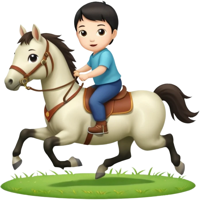 l little chinese baby riding on a  cute horse running really fast on the grass with 2026 year's label emoji