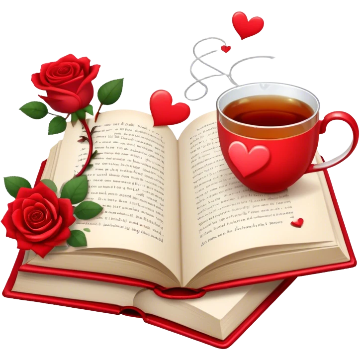 Icon for Romance Reading: an open book with a heart-shaped bookmark, surrounded by roses, a love letter, and a cup of tea, with small hearts and Cupid with bow and arrows flying out of the pages. Transparent background. emoji