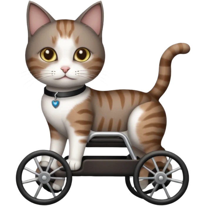 full body small short hair dark brown and white cat with hazel eyes walking in a wheelchair for cats emoji