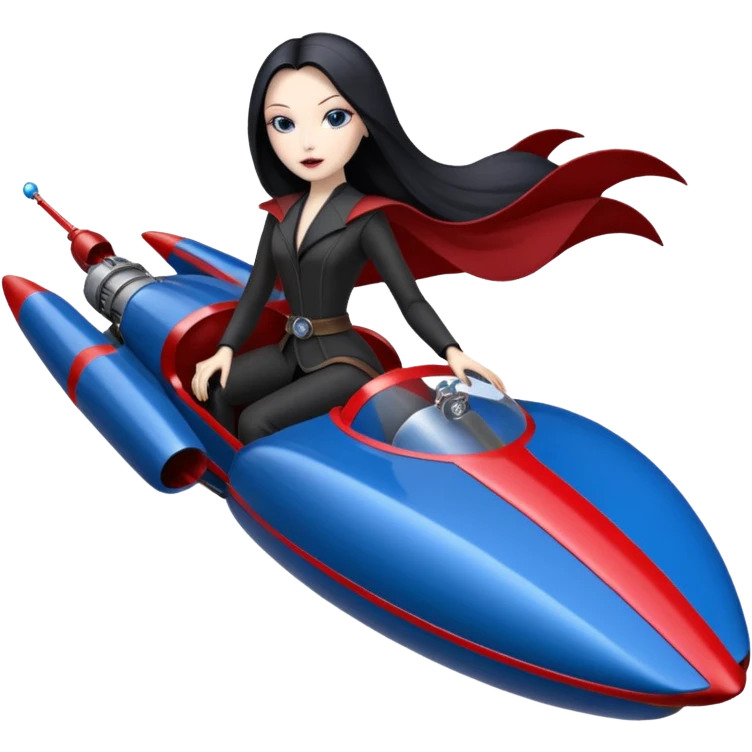 Jedi teen Morticia Addams flying a red and blue Zephyr-J Jumpspeeder anti-gravity repulsorlift powered by an imperial speeder steampunk hypercar  emoji