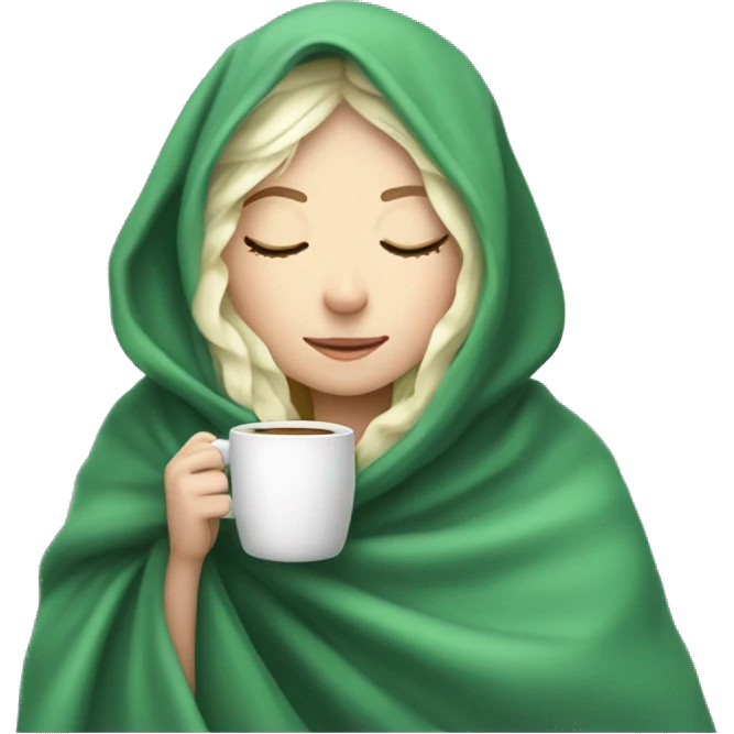 Green haired white girl inside a blanket sipping coffee eyes closed emoji