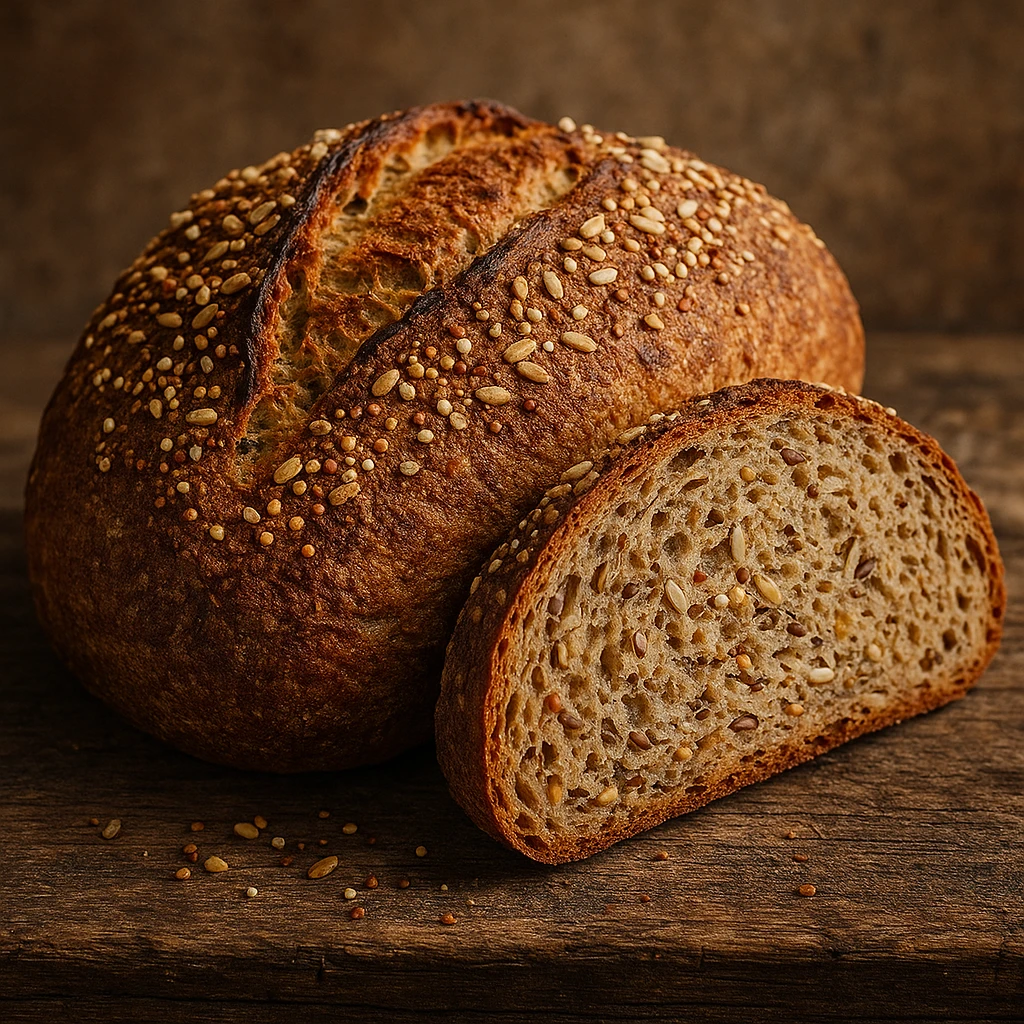 whole wheat bread with quinoa and rice, realistic photo, rustic crust, interior rich in seeds, Italian artisanal bakery style emoji