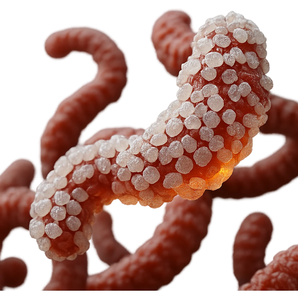 Make the sugars much more evident and recognizable in hyperrealism style, keep the inflamed intestinal microbiota, 4K resolution, transparent background. emoji